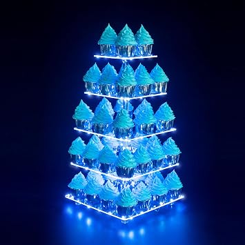 Cupcake Stand, 5-Tier Square Cupcake Holder with LED Light String, Acrylic Cupcake Tower Display-Dessert Tower-Pastry Stand-Cupcake Tier Stand for Wedding, Birthday Party Blue Light