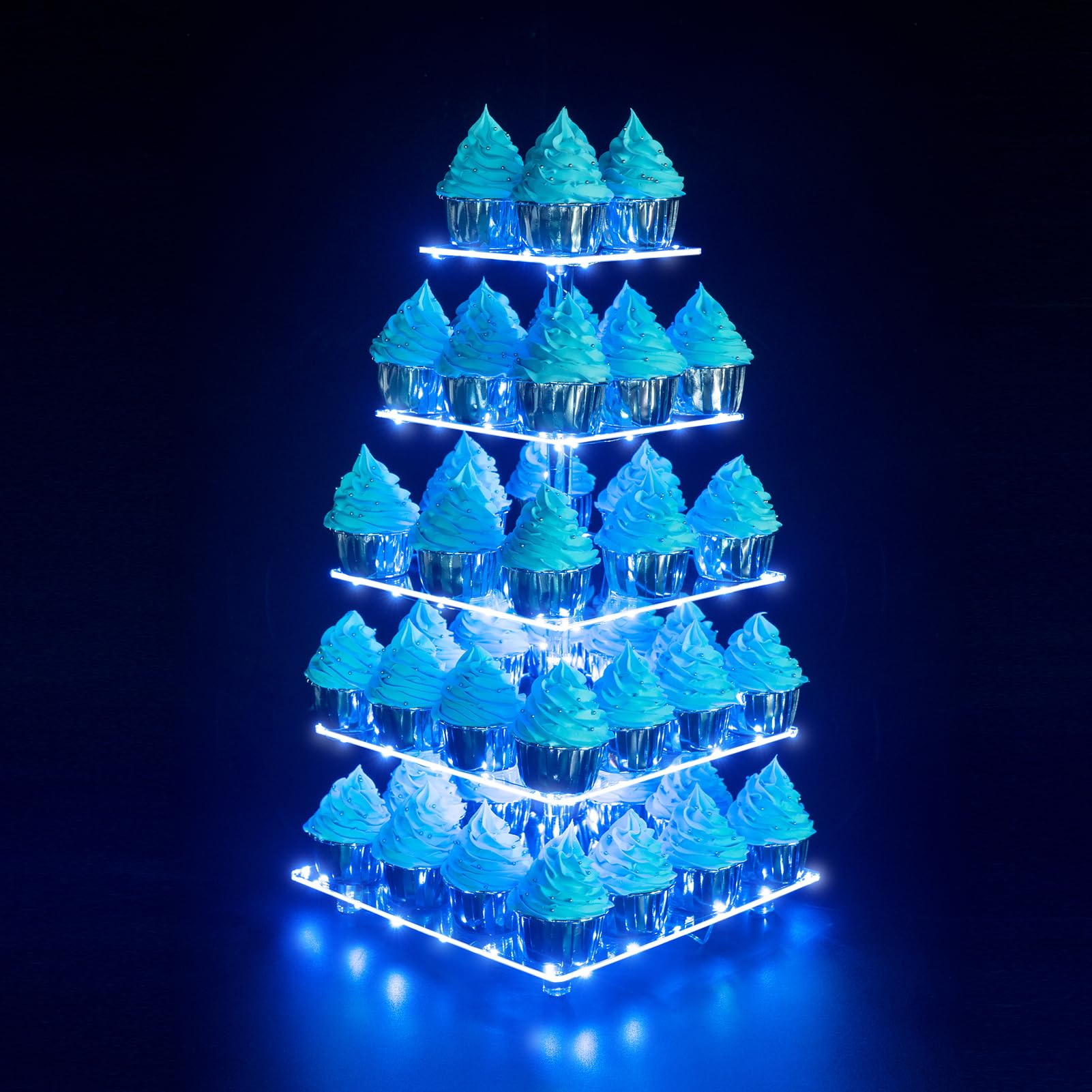 OLACHIKKO Cupcake Stand, 5-Tier Square Cupcake Holder with LED Light String, Acrylic Cupcake Tower Display-Dessert Tower-Pastry Stand-Cupcake Tier