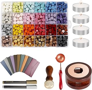 Wax Seal Stamp Kit 24 Colors and 600 Pcs Beads with Sealing Wax Warmer, Stamp,Spoon, Metallic Pen and Envelope, for Spring Gift and Decoration (24Grid-6IN1)