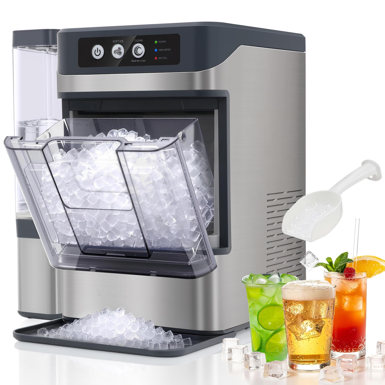 Machine à glaçons 18 kg/24 h - Glace nugget en 6 min, glace pilée, nettoyage automatique, 120 W, avec capteur infrarouge, économie d'énergie