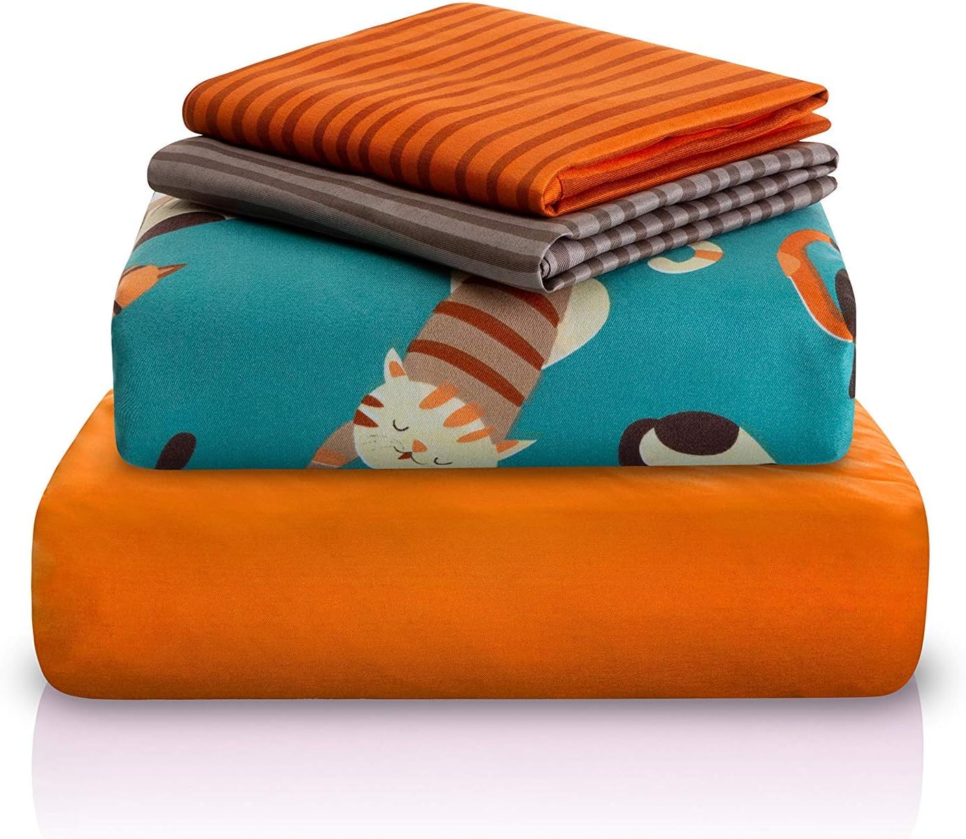 4 Pc Twin Bed Sheets | Gender Neutral Cat Print Kids Bedding Set | Pet Lovers Gift Idea | 1 Flat, 1 Fitted Sheet; 2 Pillow Cases | Durable Super-Soft, Double-Brushed Microfiber | 15” Deep