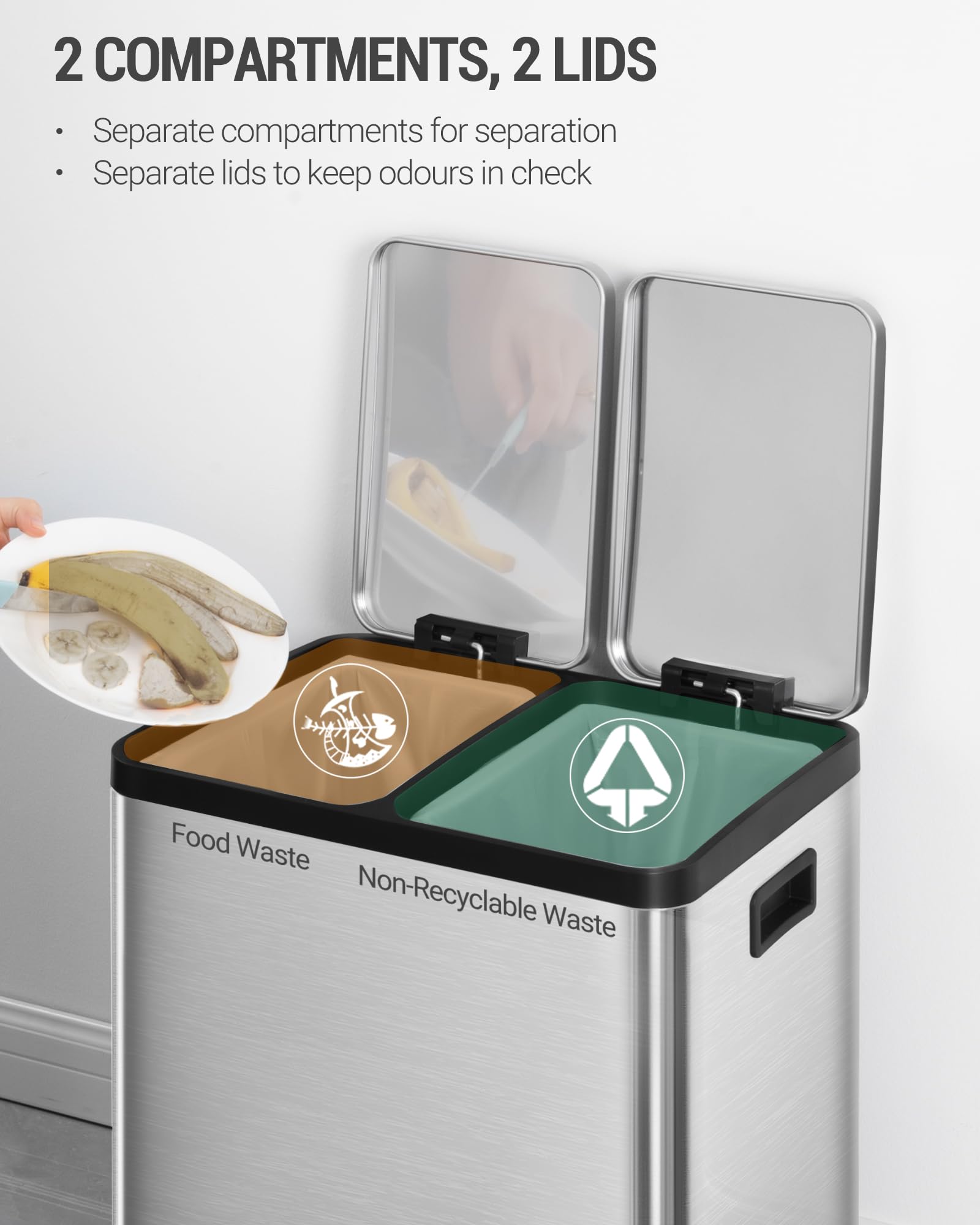 Hzuaneri Basura Cocina con Pedal, Metal 30L(2 x 15L), Cubos de Basura de Reciclaje, Plateado SW21599E