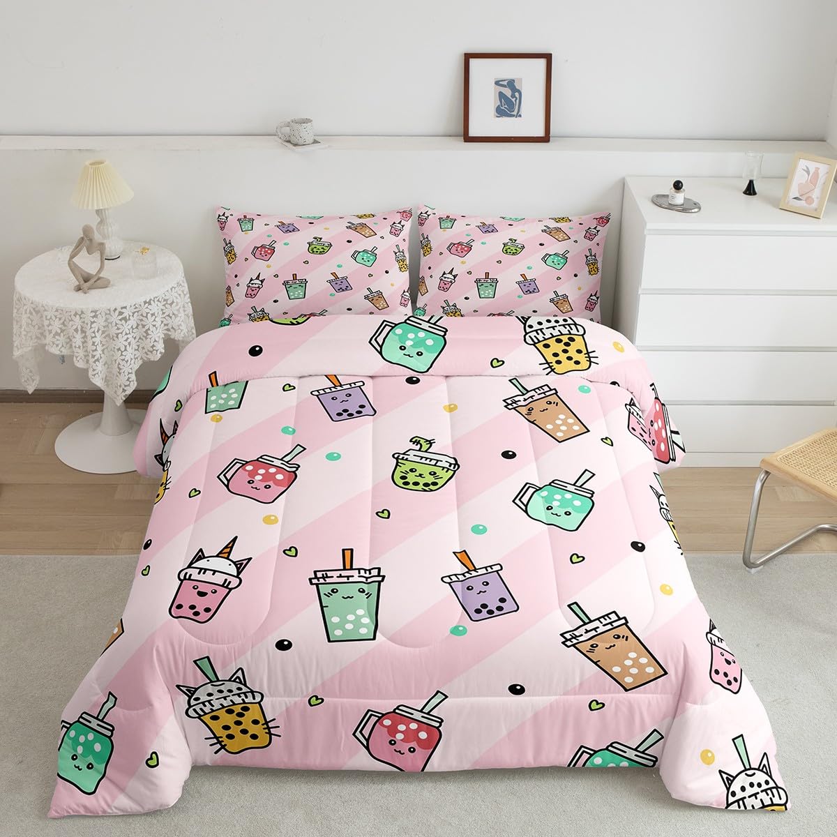 Feelyou Kids Milk Tea Comforter Set Full Size, Cute Bubble Bedding Set Bubble Tea Comforter for Boys Girls Kawaii Duvet Insert Bed Set 3Pcs