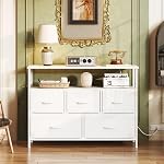 MUTUN 5 Drawer Dresser with Charging Station, White Fabric Dresser for Bedroom with Storage Shelf, Chest of Drawers, Console Table for Entryway Hallway, TV Stand for Living Room, Commode de Chambre
