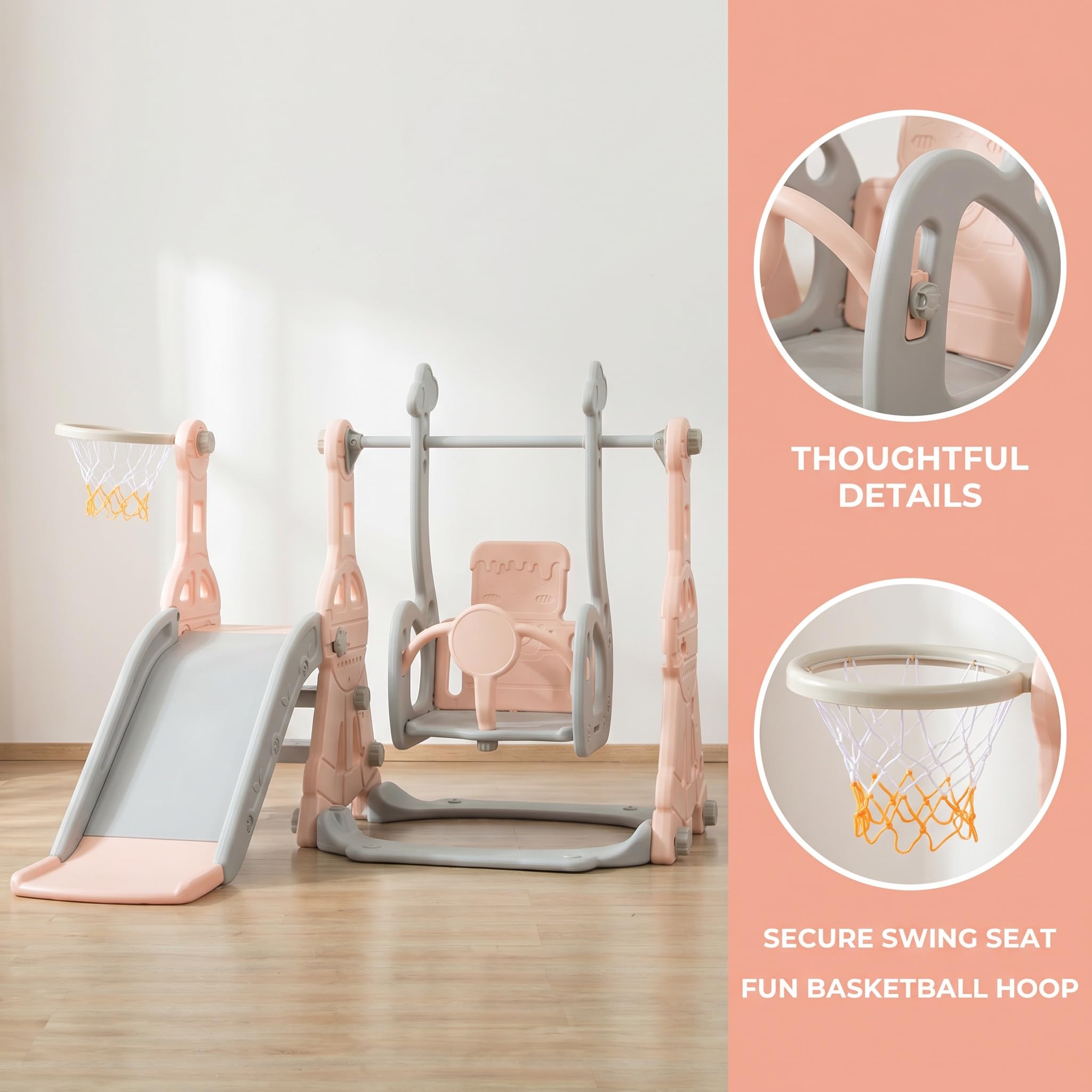 Toboggan Enfant 4 en 1,Toboggan Enfant avec Balançoire,Glissière de Jardin pour L'intérieur et L'extérieur,avec Échelle, Balançoire et Cadre de Basket - Ball, Rose
