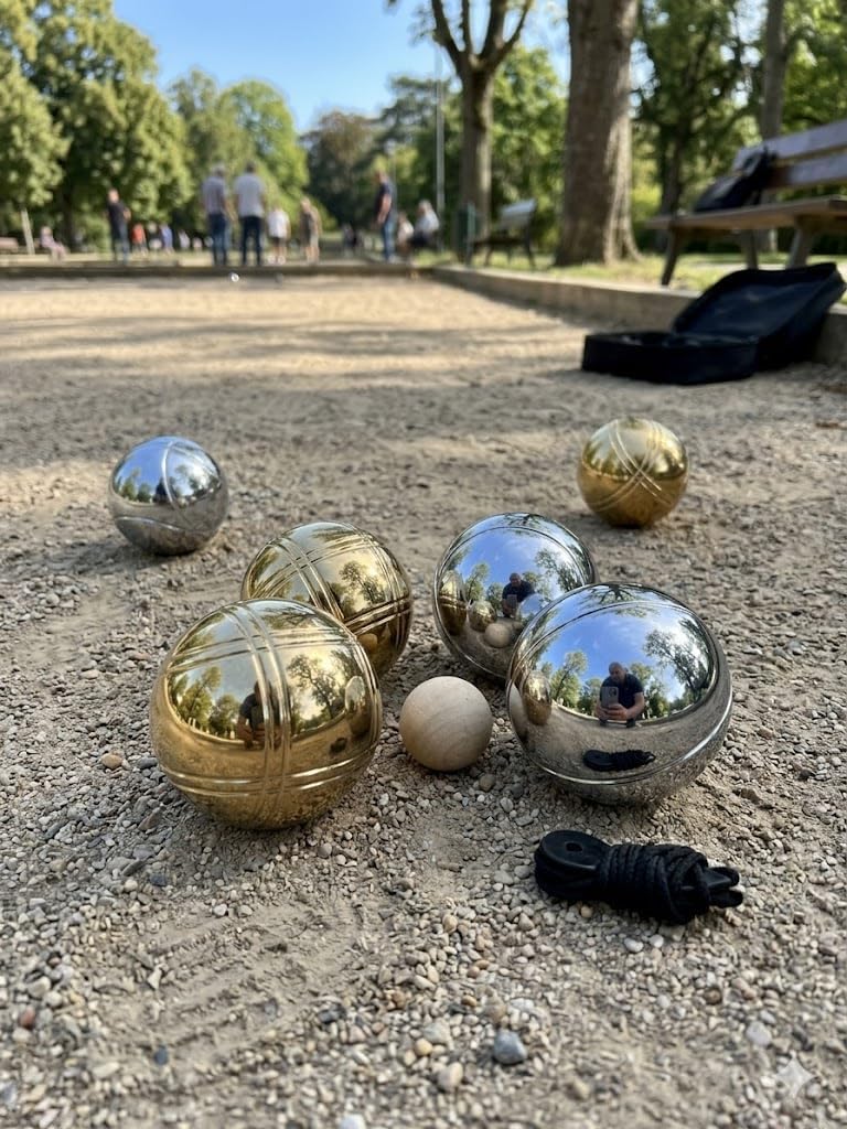 BuyBocceBalls Listing -73mm Metal Set for Petanque, Boules and Bocce - with 6 Gold and Silver Balls, Black Bag, Wood pallino and Measuring Device