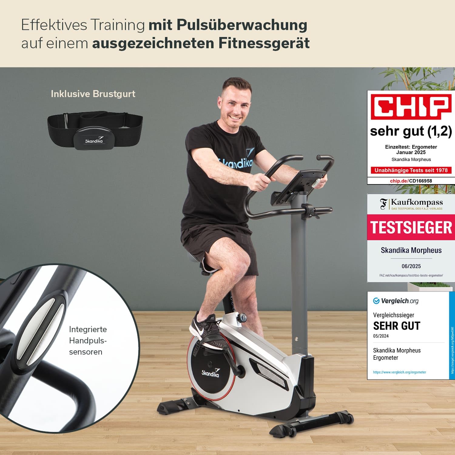 Skandika Ergometro Morpheus | home trainer, sistema di massa volanica da 12 kg, 32 livelli, 24 programmi, applicazione compatibile con Kinomap, cintura per la frequenza cardiaca, supporto per tablet, fino a 150 kg