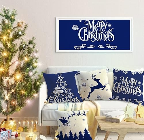 Miniatura 5 de Artmag Juego de 4 fundas de almohada decorativas de 18 x 18 pulgadas, diseño de árbol de Navidad, decoración de granja con ciervos para exteriores,