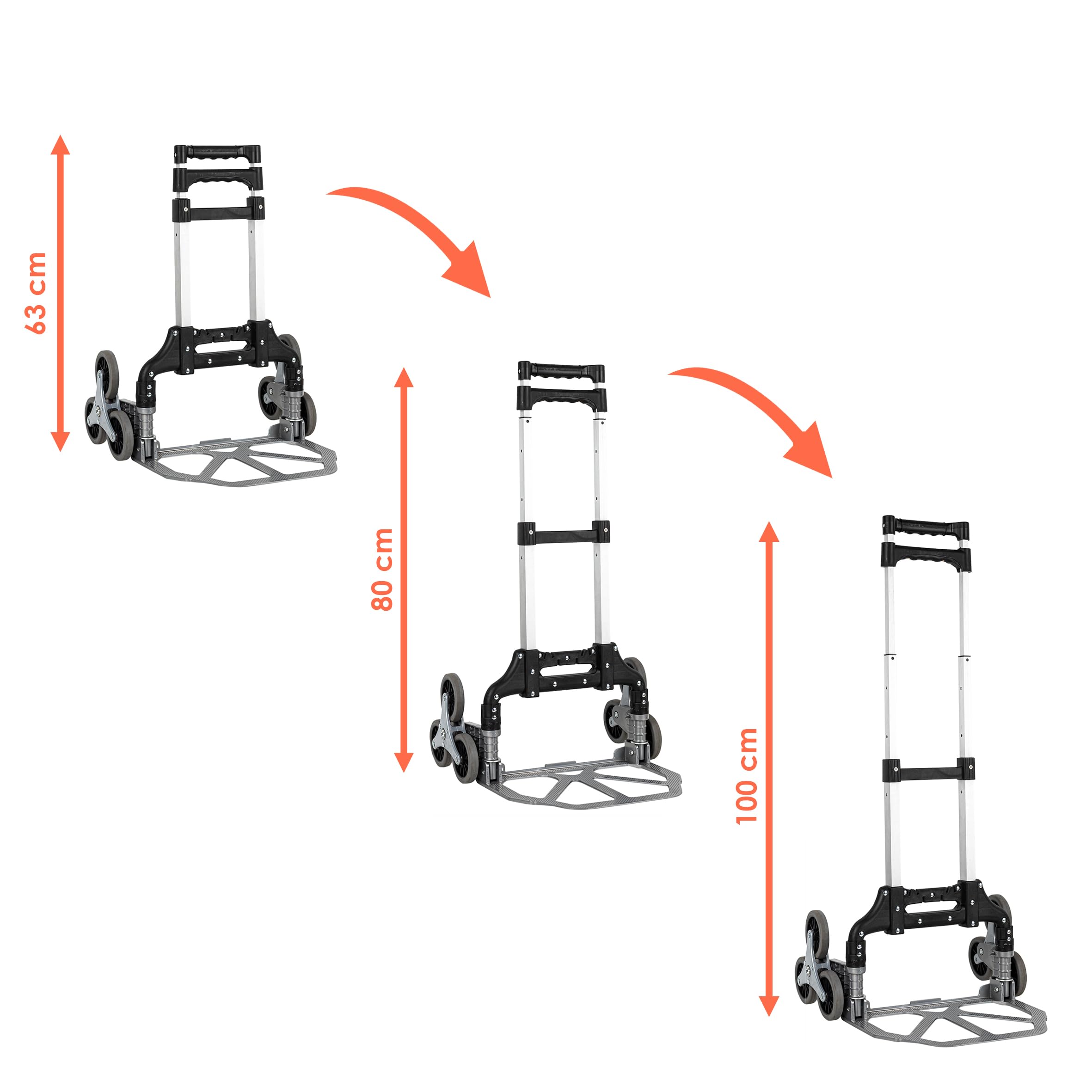 Aluminium Treppen Sackkarre klappbar mit Spanngurt - 100 x 47 cm - Treppensteiger 2-stufig verstellbar mit Gummirädern - Staplerkarre Transportkarre mit Teleskopgriff Tragkraft 70kg