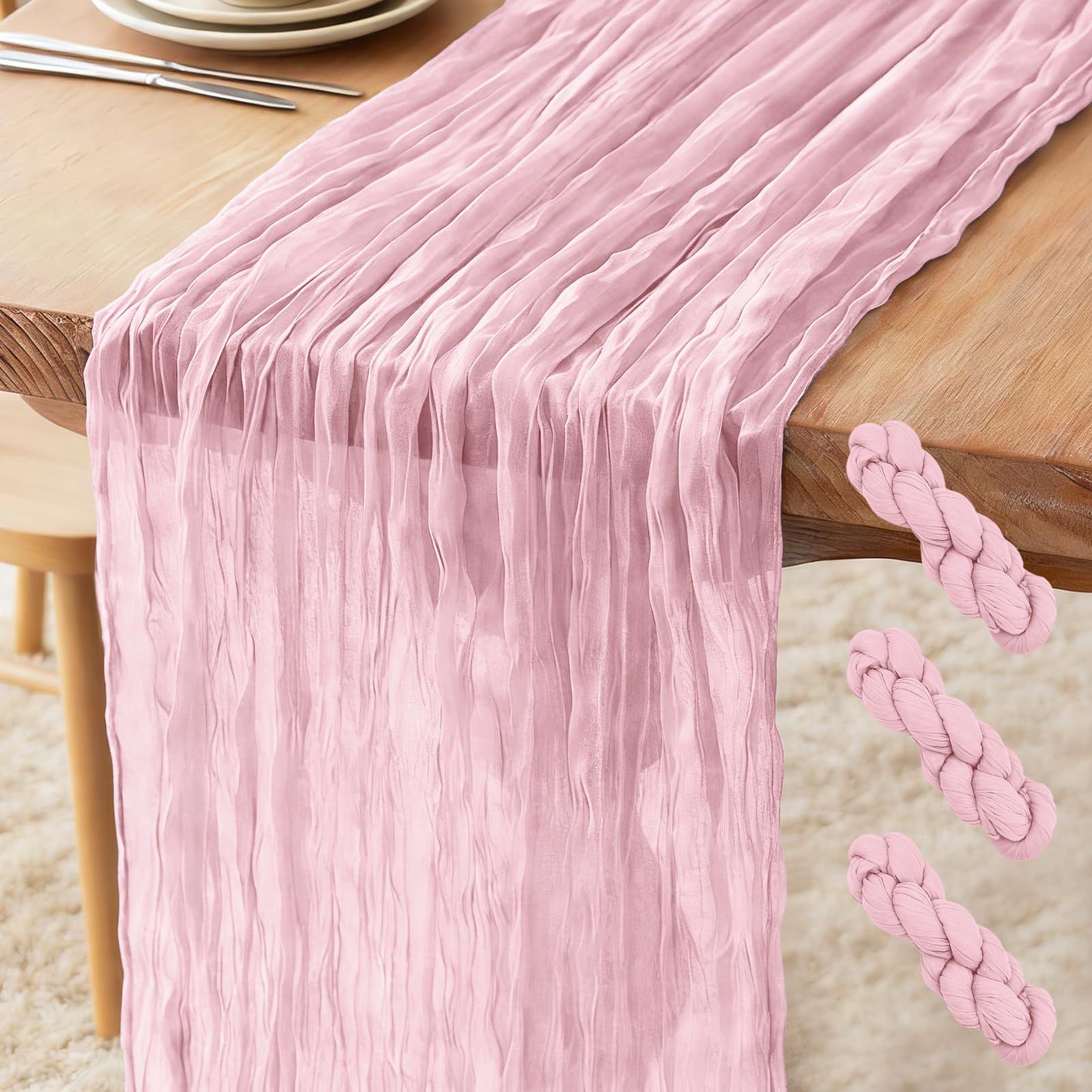 3 Pack Cheesecloth Table Runner Light Pink, 300 x 90 CM Table Runner Bohemian-style Gauze Rustic Gauze Fabric Tablecloth for Wedding, Parties, Christmas and New Year's Eve Table Decoration