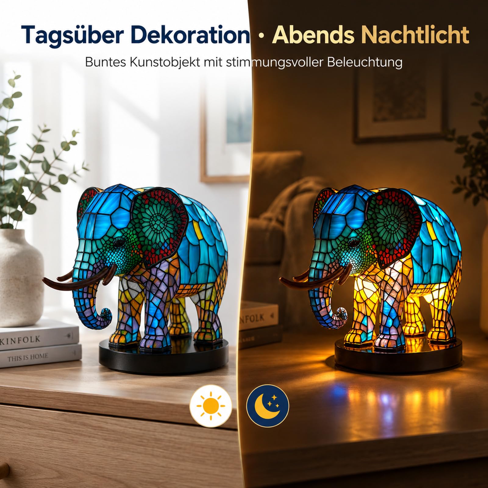 Drawelry 3D Tier Harz Figur Statue Nachtlicht mit Bunte LED Tierlampe Dekoration, Wolf Löwe Eule Skulptur Tischlampe für Wohnzimmer Schlafzimmer Kinderzimmer Deko Weihnachten Geschenk (Elefant)