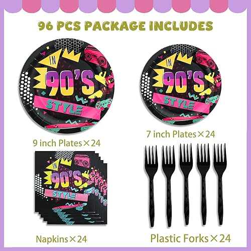 Miniatura 2 de Juego de 96 piezas de vajilla de decoración de fiesta de los años 90 para adultos y adolescentes, incluye platos, servilletas, tenedores,