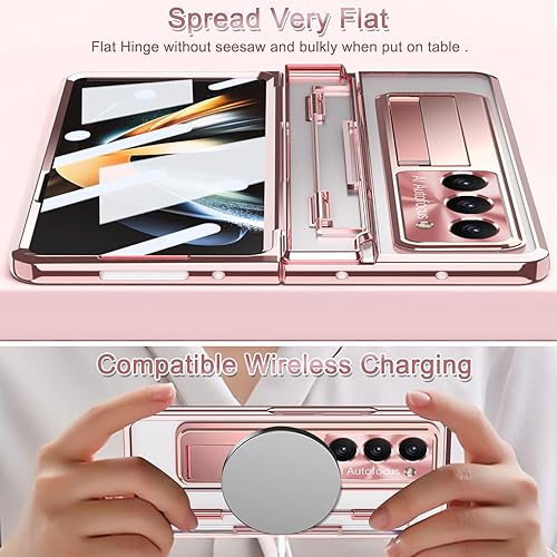 Vista 6 de Ninki Funda de lujo con bisagras para Samsung Z Fold 5 con S Pen y soporte, protector de pantalla 5 en 1, función atril transparente, oro rosa