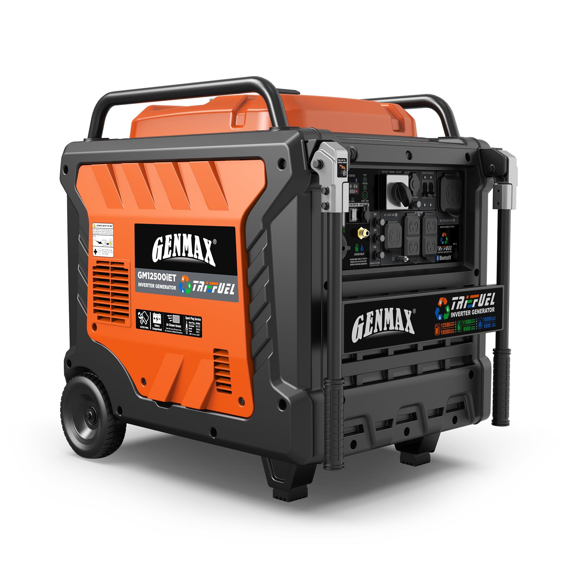 GENMAX 12500W Tri-Fuel Inverter Generator with Bluetooth &amp; CO Shield (2026 Model) - Quiet, 50A Outlet, 2-Wire Auto Start, Ideal for Home Backup, RV, Camping - EPA Compliant