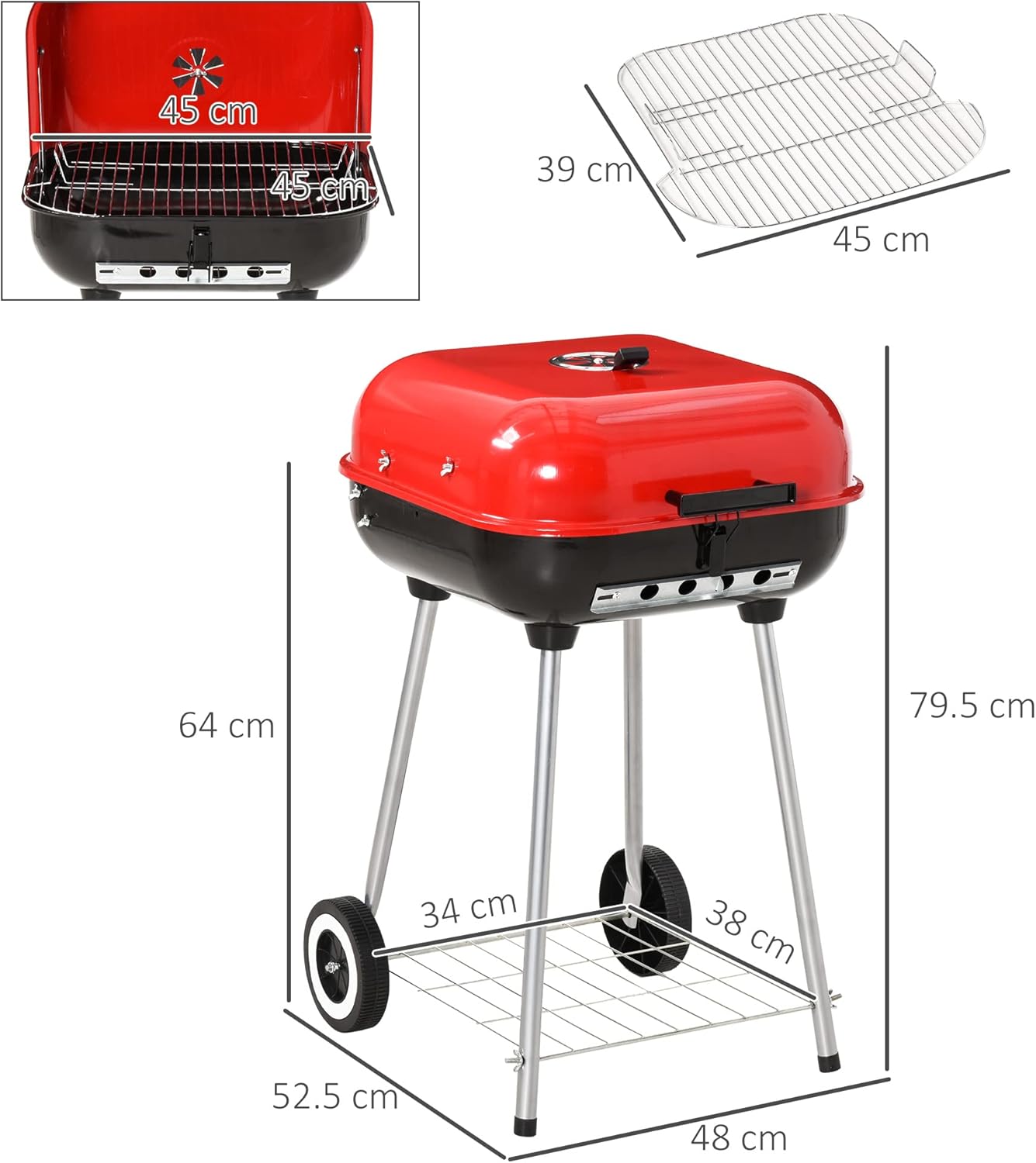 Outsunny Barbecue a Carbonella BBQ Grill con Coperchio e Ruote 48×52.5×79.5cm Outsunny Barbecue a Carbonella BBQ Grill con Coperchio e Ruote 48×52.5×79.5cm
