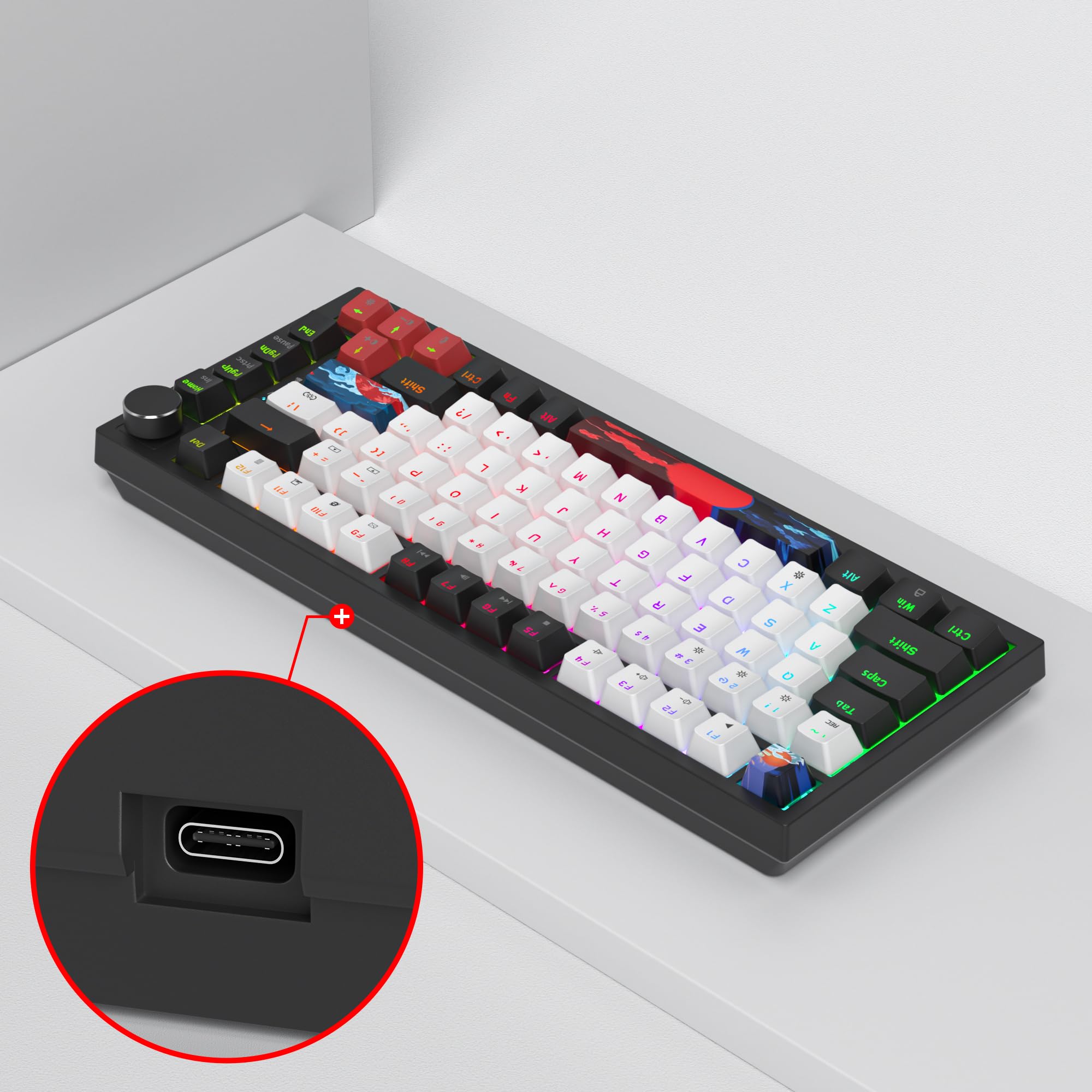 SOLIDEE Tastiera Meccanica Sostituibile a Caldo cablata al 75%,retroilluminazione RGB con interruttore rosso,TKL a 82 tasti,tastiera compatta NKRO con manopola di controllo del volume(82 Black_White)