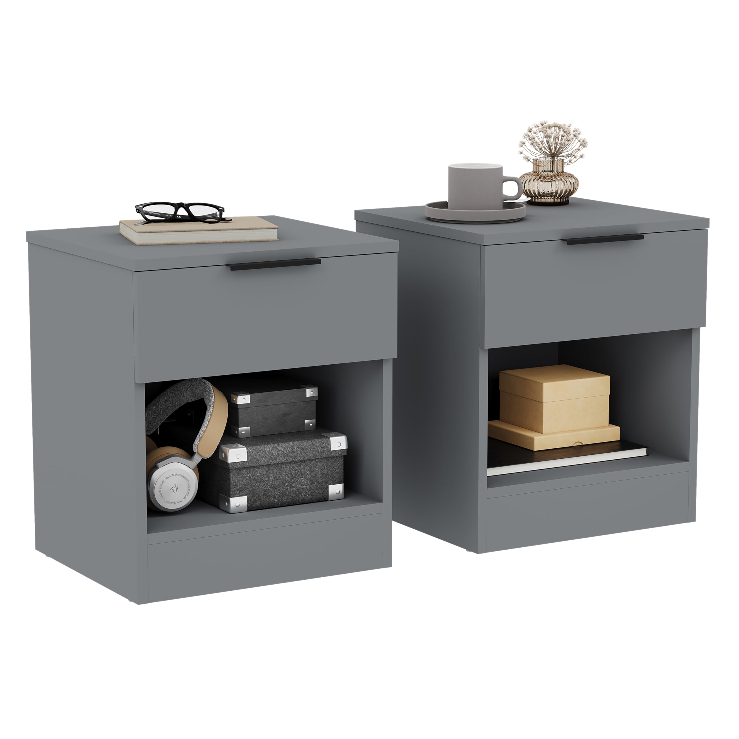 Vida Designs Trega 1 Drawer Bedside Cabinets Set of 2 Grey - Compact Space-Saving Nightstands - 41H x 39W x 28D cm - Engineered Wood - Glide Drawers, Black Handles - Ideal for Bedroom & Guest Room