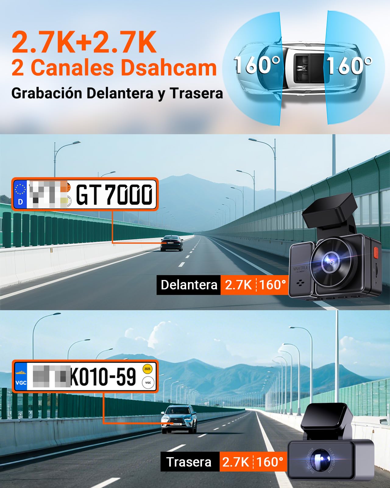 VANTRUE E2 1944P+1944P Cámara de Coche 5GHz WiFi GPS, inalámbrica y controlada por Voz Trasera Delantera, WDR Night Vision Buffer Parking Mode Car Camera, 2.45 Pulgadas 320 °, 512GB máximo