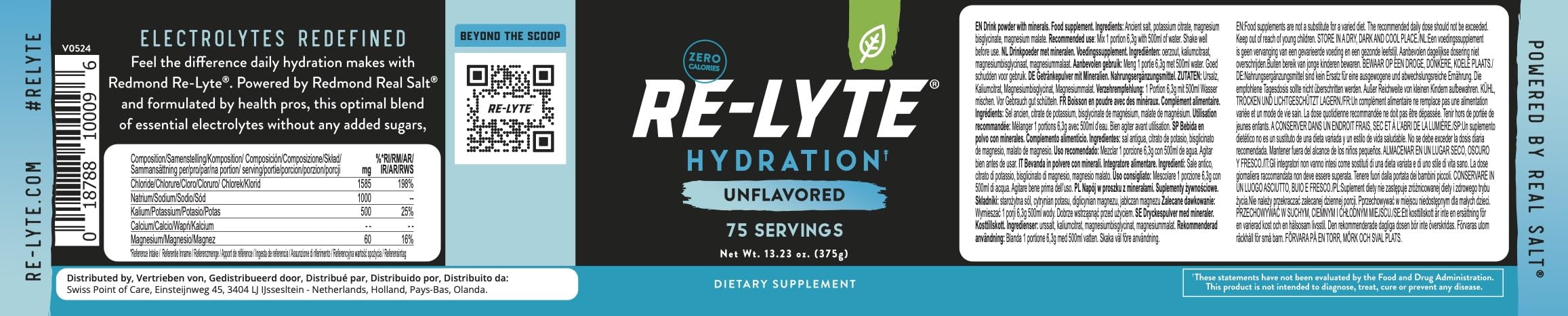 REDMOND Re-Lyte Hydration Mix Unflavored LARGE, lata de 375 g – Polvo electrolítico, sin azúcar, con verdadera sal Redmond Real y más de 60 minerales y oligoelementos importantes