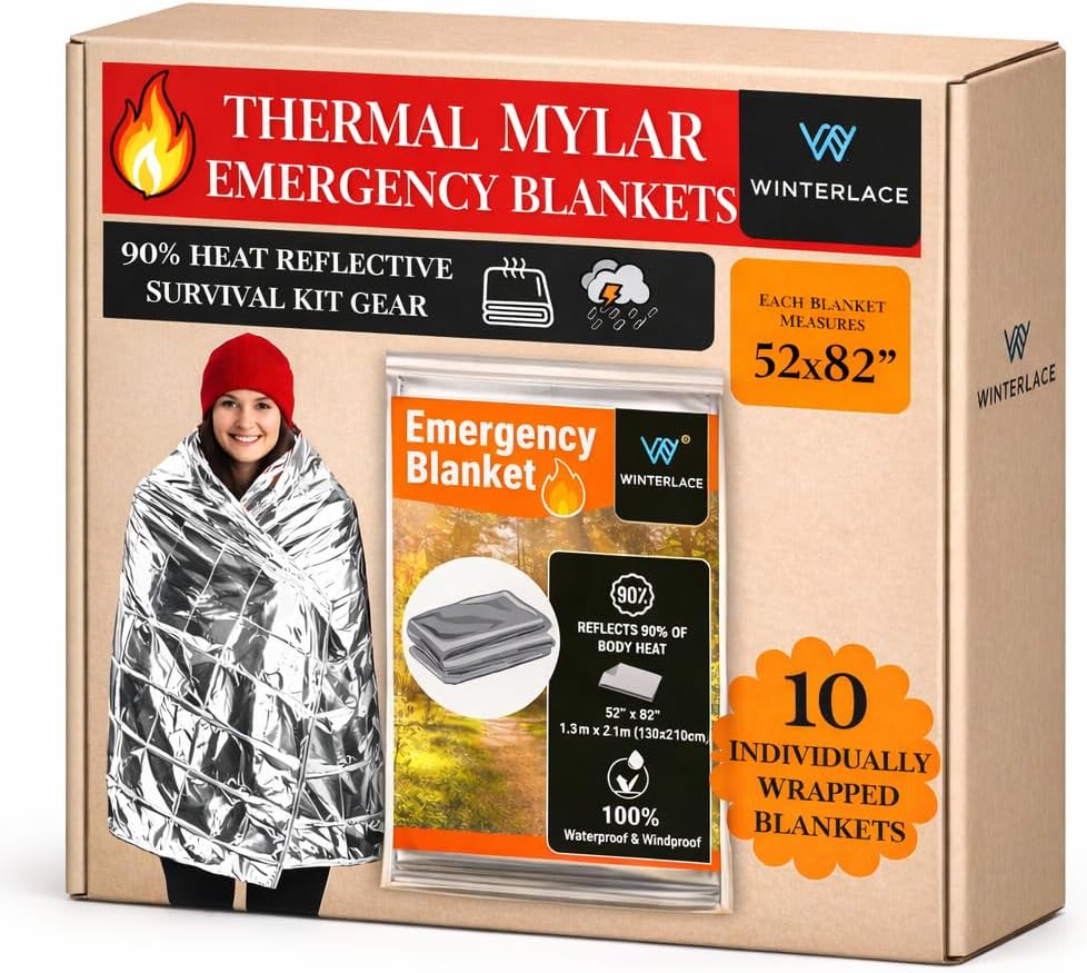 Winterlace Emergency Mylar Blankets (10 Pack) Thermal Foil Survival Rescue Disaster Outdoor Hiking Lightweight (10)