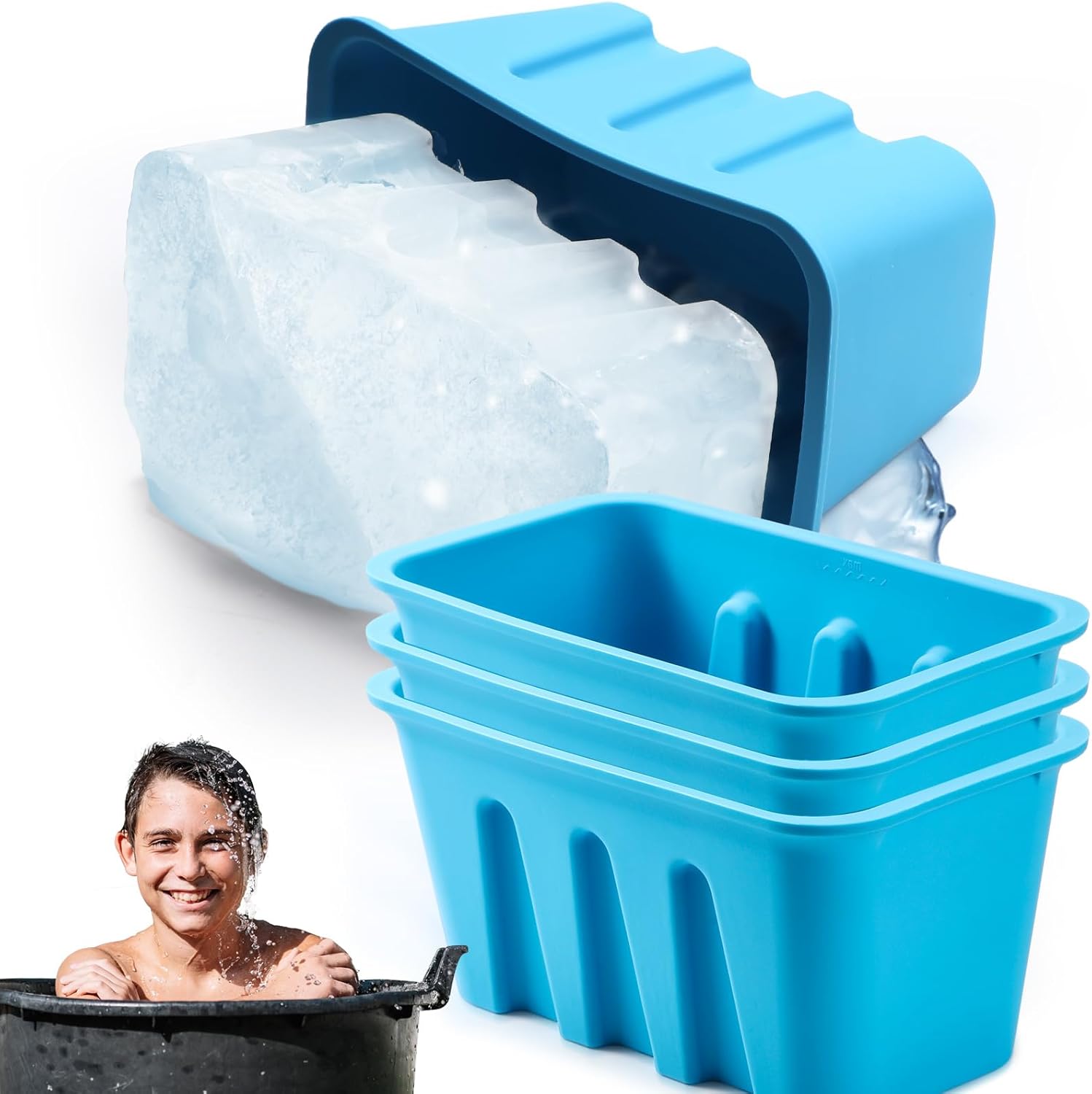 4 pack 8 lb extra large ice block molds, ice cubes, ice maker for cold dip or cooler, steel reinforced silicone molds, large ice cube molds, ice bath cooler, ice tray 11 x 5 x 6 in(blue)