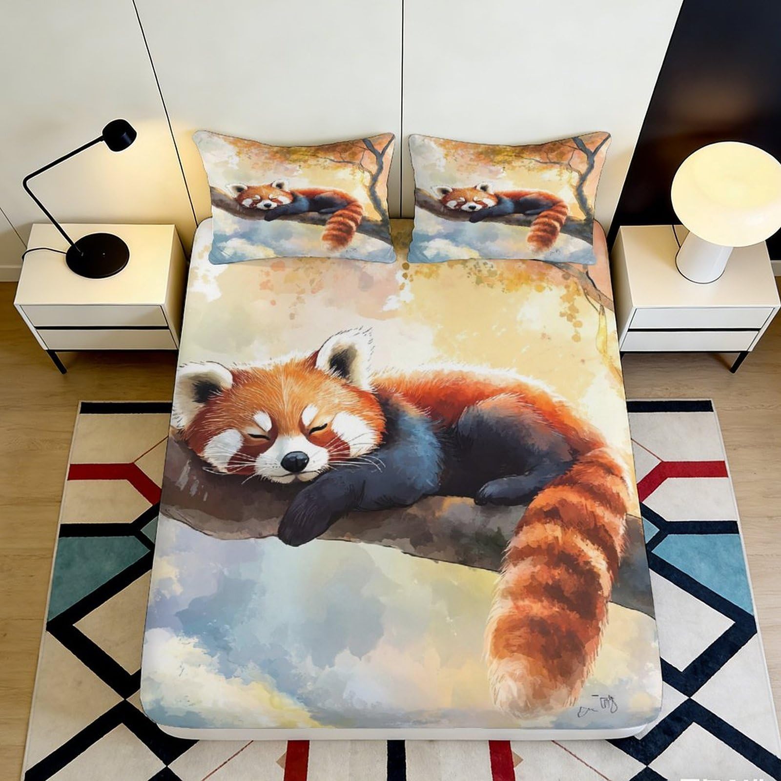 3D Printed Red Panda Tree Fitted Sheet Microfiber Anti-Slip Washable Autumn Forest Mattress Cover for Bedroom Dorm Decor 160x200x25cm
