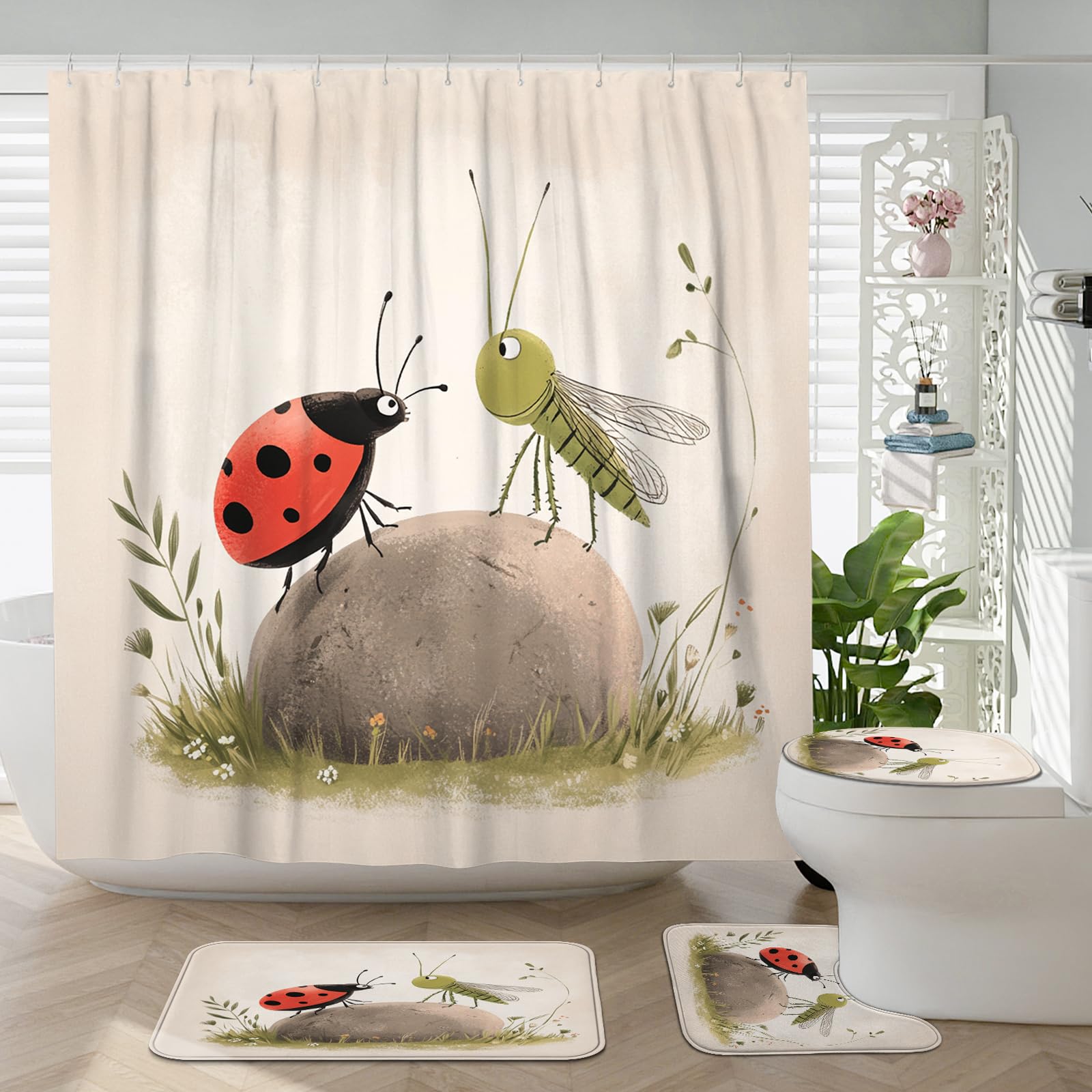 DESIHOM 4PCS Cartoon Kids Ladybug Shower Curtain Sets with Non-Slip Rug, U Shape and Toilet Lid Cover Mat, Anime Fun Insect Home Decor, Bathroom Accessory with 12 Hooks