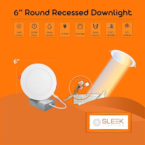 Miniatura 2 de SLEEKLIGHTING Luz de panel plano ultra fina de 6 pulgadas, 12 W, 5CCT seleccionable con caja de conexiones, lámpara LED empotrable regulable de