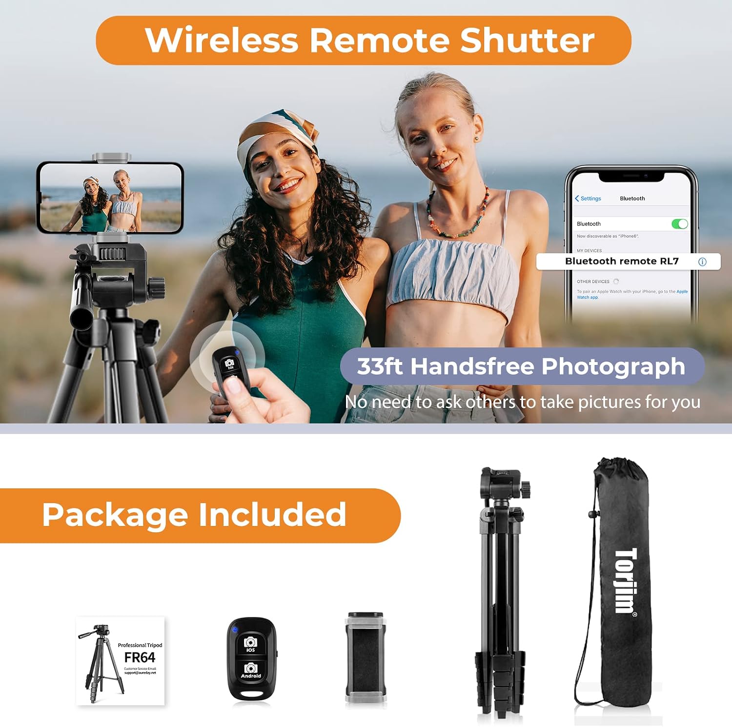 Torjim 64”Phone Tripod, Extendable Cell Phone Tripod with Remote and Phone Holder, Universal Camera Tripod Stand for Video Recording/Selfies/Live Streaming, Travel Tripod Compatible with iOS & Android