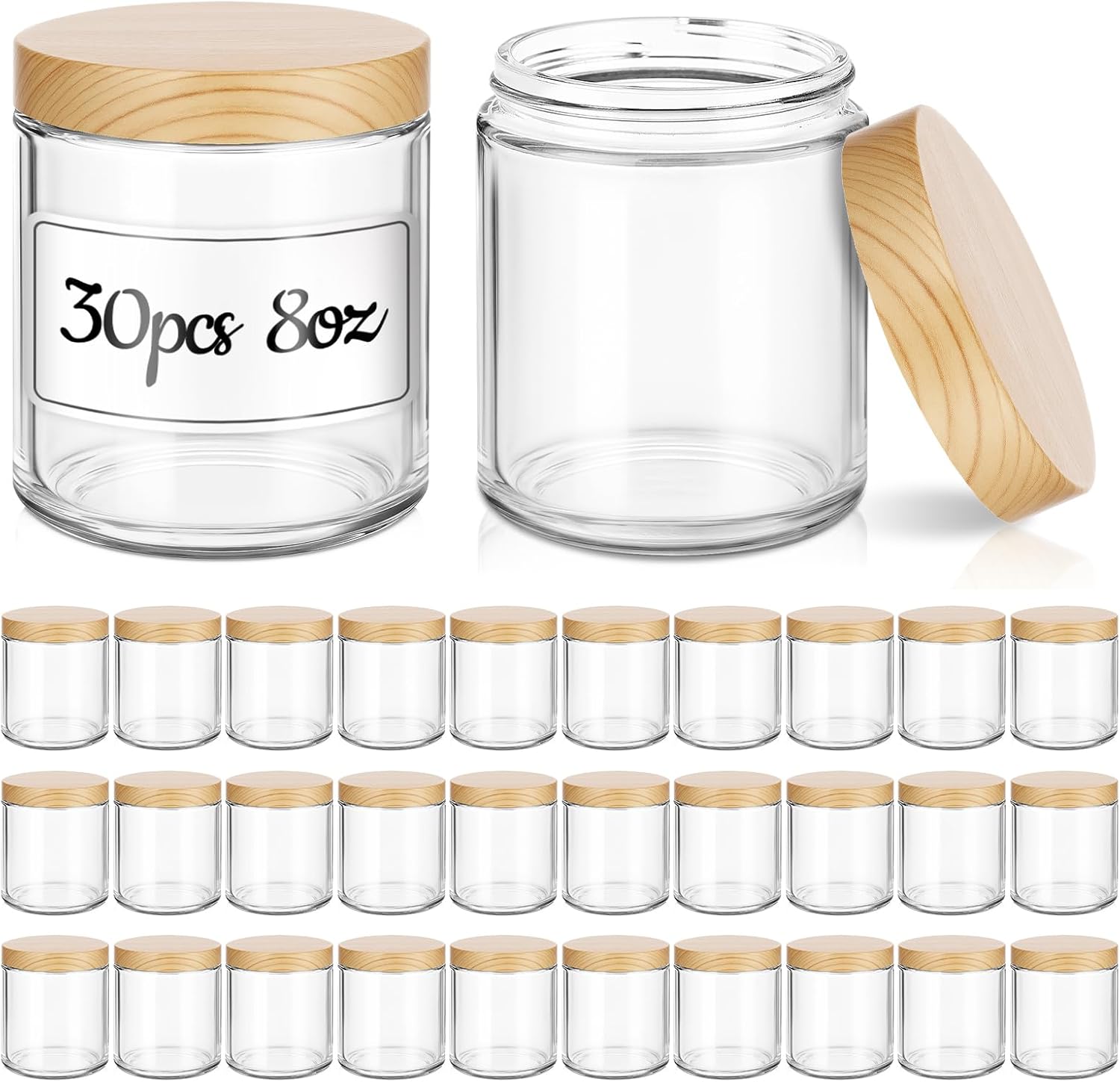 8 oz Glass Jars with Lids, 30 Pack Clear Small Glass Jars with Woodgrain Lids Leakproof Round Airtight Empty Cosmetic Travel Containers for Lotions Powders and Candle Making