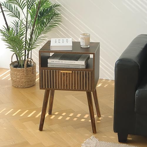 Miniatura 2 de MaxSmeo Mesita de noche pequeña con cajón, mesita de noche moderna de mediados de siglo para dormitorio y espacios pequeños, patas de madera maciza,