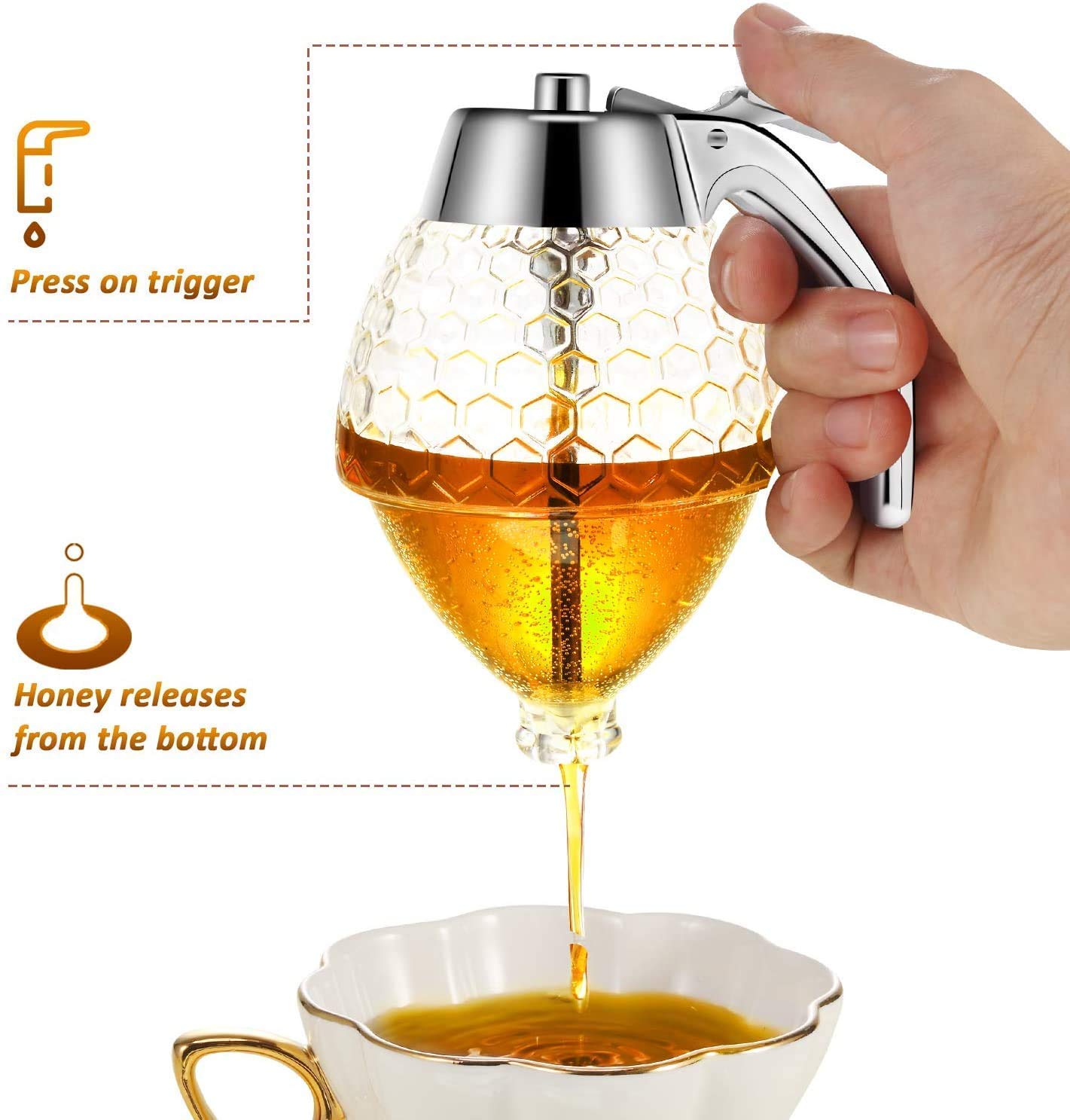EzaLLA Honey Dispenser with Non Slip Support and Flip Top Lid, No Drip, Honey Jar Glass 200ml for Easy Works, Great for Syrup, Sugar, Sauces, Condiments, Handy Stopper in Bottom, Quick Fill 1