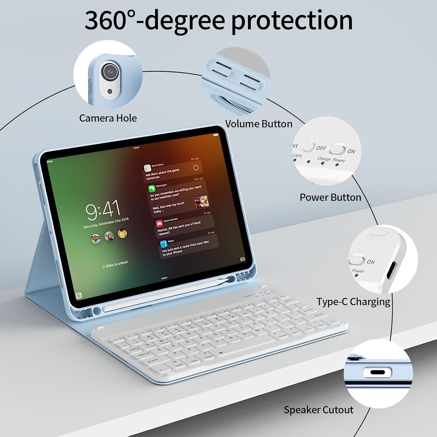 kenke for iPad (A16) 11/10th Generation Case with Keyboard 11/10.9 inch 2025/2022, Thin & Light Detachable Wireless Keyboard, Stand Folio Keyboard Cover with Pencil Holder, Square Keycaps, Sky Blue