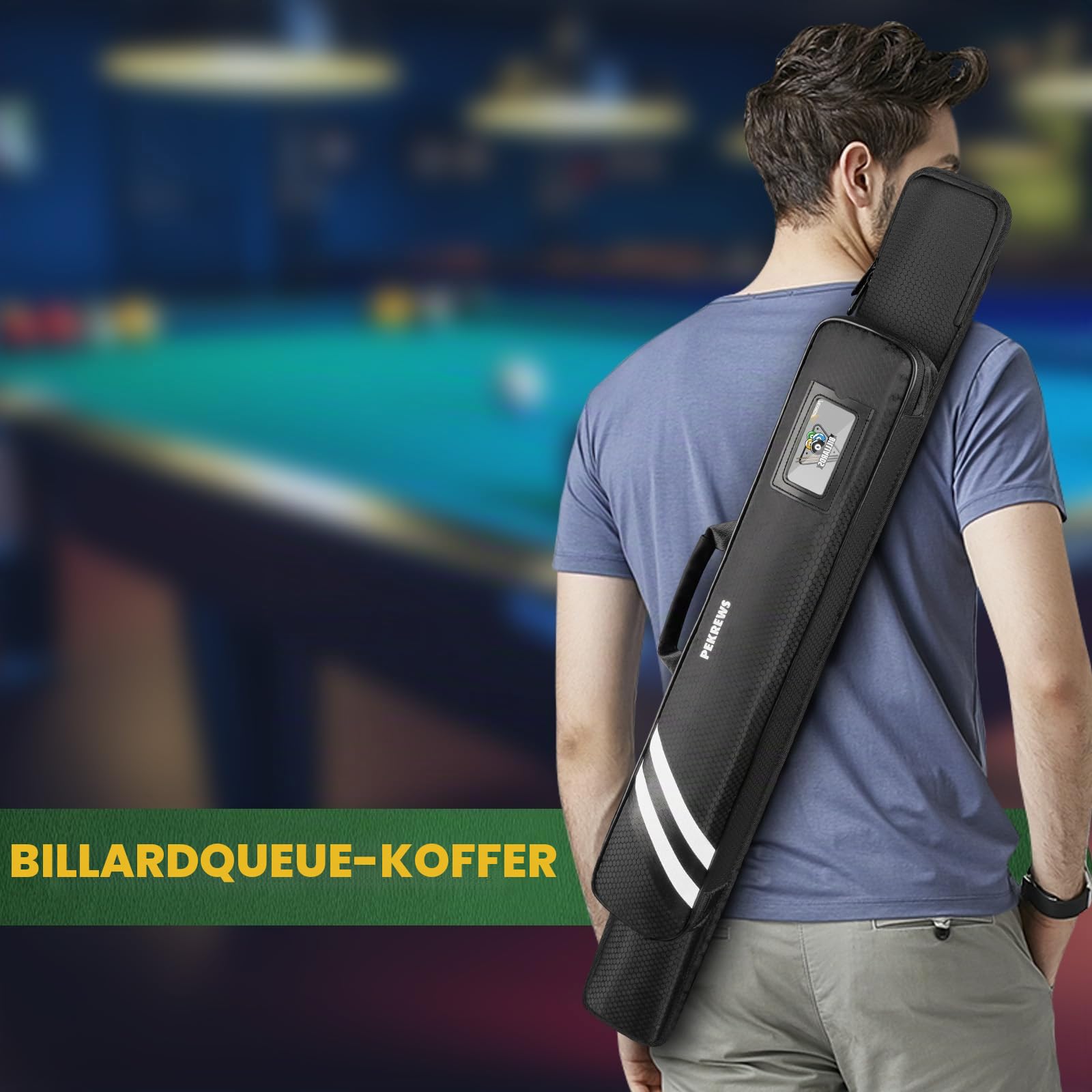 PEKREWS Billard Queue Tasche, Pool Cue Bag 1×1 für 1 Unterteil und 1 Schaft mit Reißverschlusstasche, Schultergurt und Tragegriff, Weiche Tragetasche für 1/2 Billard Stick für Damen und Herren