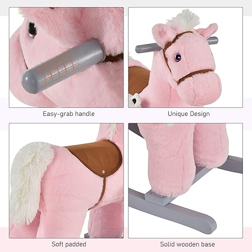 Miniatura 5 de Qaba Caballo mecedor de peluche para niños con juguete de oso, silla para niños con juguete de felpa suave y divertidos sonidos realistas, rosa