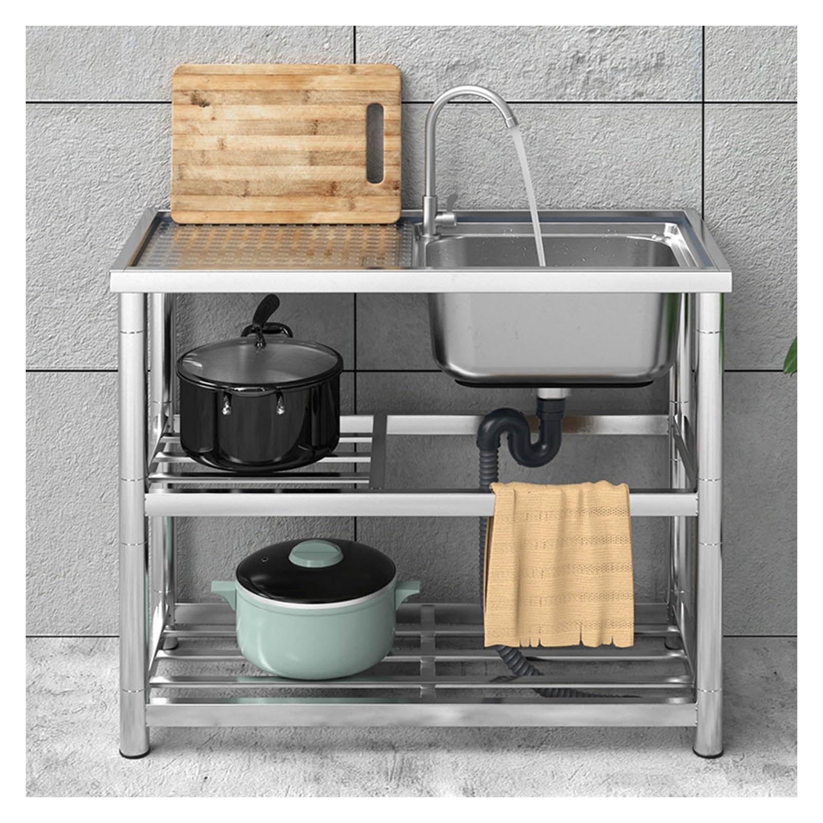 HCZKIUJY Kitchen Utility Sink,Freestanding Stainless Steel Utility Sink, 35x18x32 Inch Commercial Kitchen Sink with Workbench for Restaurants, Laundry, Outdoor (Silver-90x45x80cm)