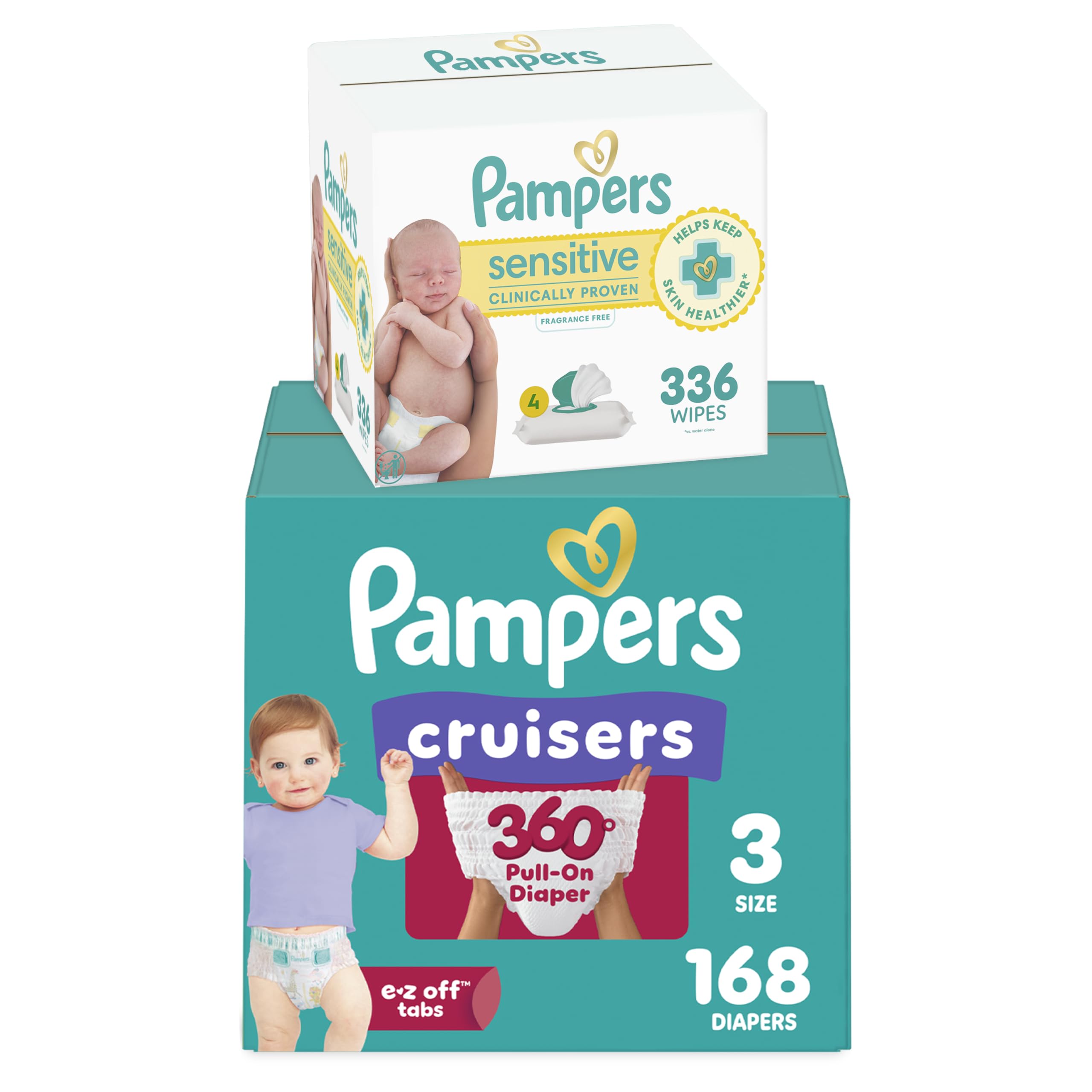 Diapers Size 3, 168 Count and Baby Wipes - Pampers Pull On Cruisers 360° Fit Baby Diapers with Stretchy Waistband, ONE MONTH SUPPLY with Sensitive Wipes, 6X Pop-Tops, 336 Count (Packaging May Vary)