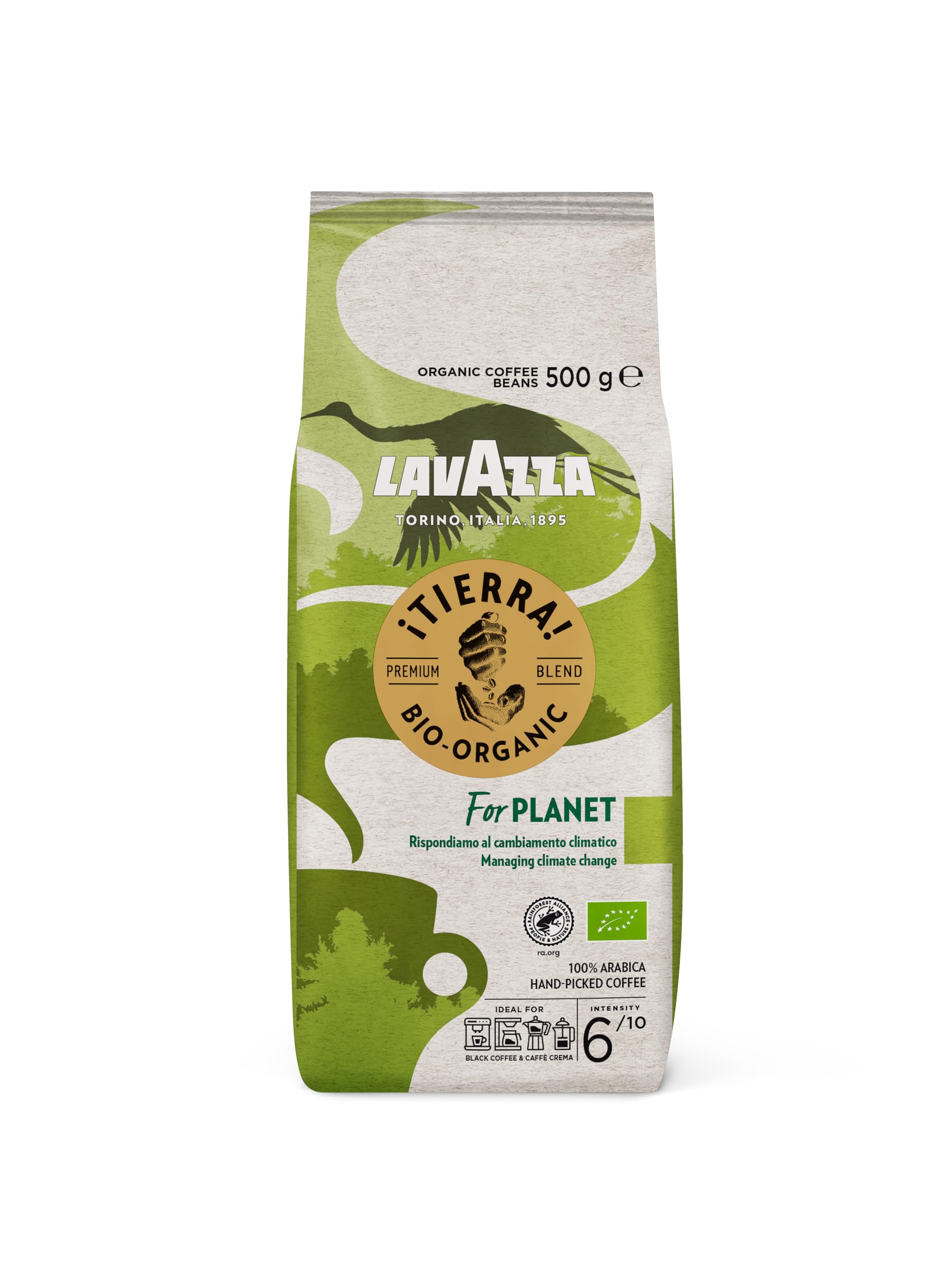 Lavazza, Tierra For Planet, 100 % Bio-Arabica Kaffeebohnen, Ideal für Espressomaschinen, Fruchtige & Blumige Aromen, Milder und Fruchtiger Geschmack, Intensität 6/10, Leichte Röstung, 500 g Packung