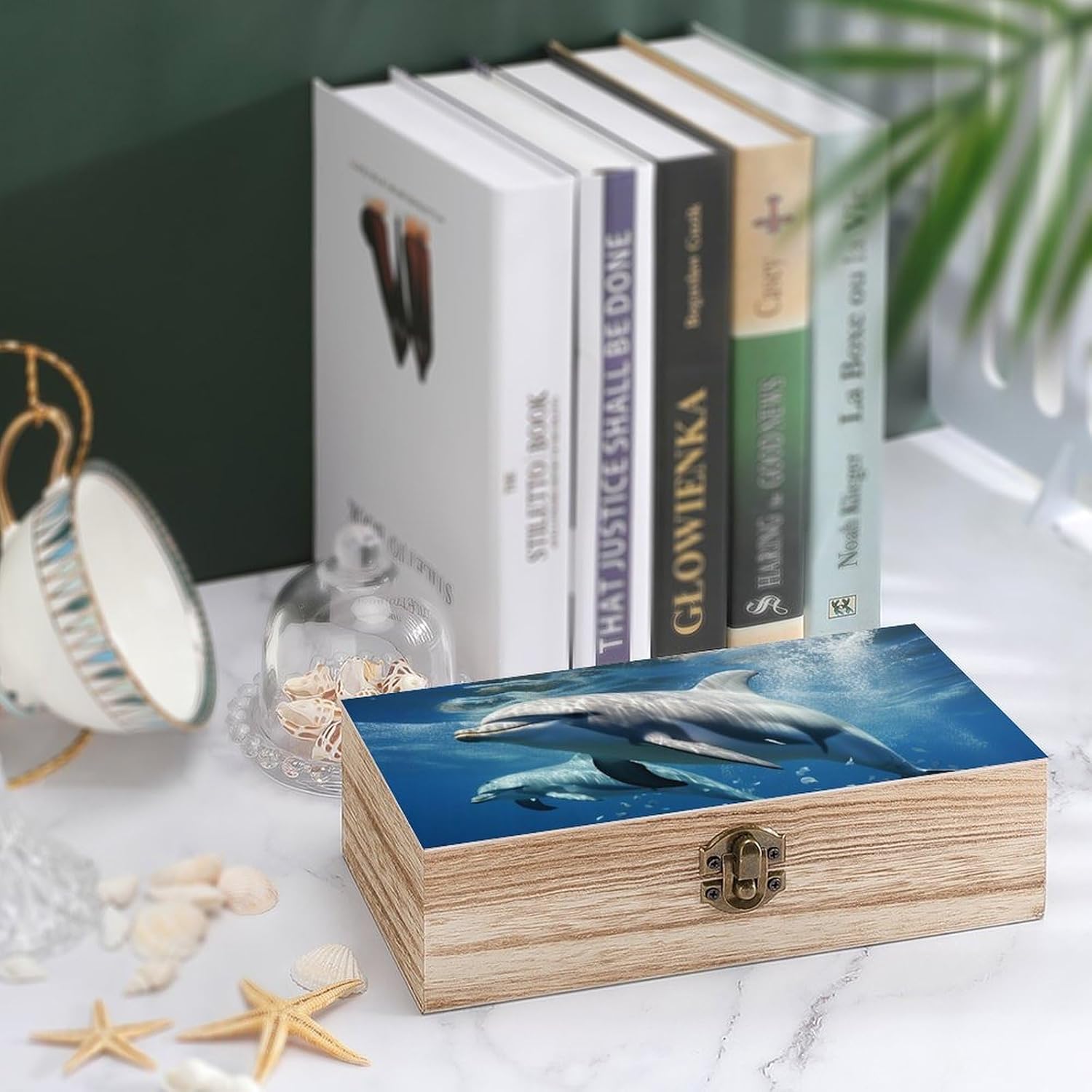 Large Wooden Storage Box With Lid And Front Clasp Cute Dolphins Wooden Jewelry Box Office Desk Organizer Bins Beautifully Keepsake Boxes Memory Boxes Jewelry Organizer image 4