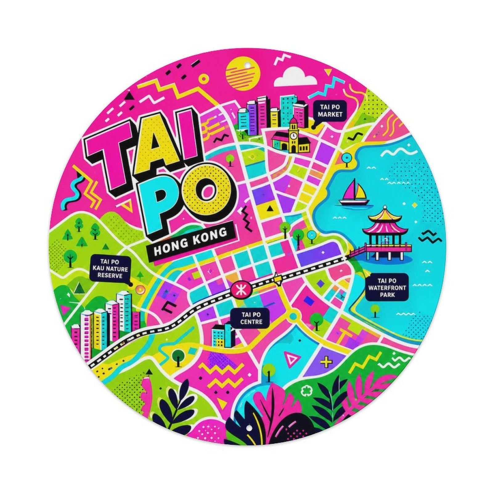 Odgynaw 8X8inch(20X20cm) Tai Po Hong Kong Memphis Style Color Block District Map Metal Tin Sign