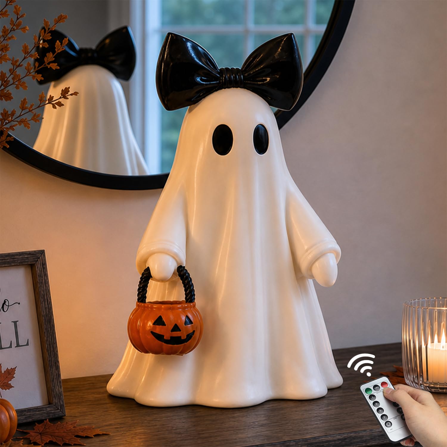 14 in Large Lighted White Ghost Figurine with Pumpkin Lantern&Remote Timer Ghost with Pumpkin-white