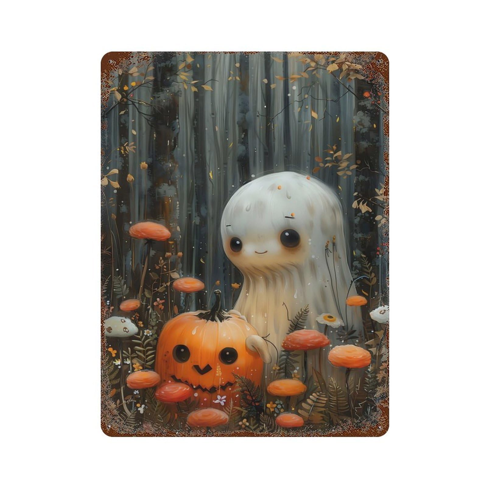Vintage Rust Metal Sign with Cute Pumpkin Ghost Design 15.7"x11.8", for Shed, Workshop And Garage Wall Decor, Classic Wall Plaque