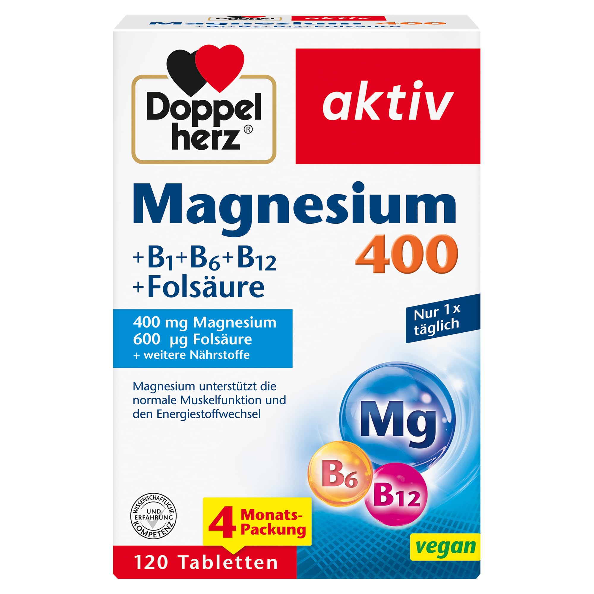 Doppelherz Magnesium 400 + B1 + B6 + B12 + Folsäure - Magnesium unterstützt die normale Muskelfunktion und den Energiestoffwechsel - 120 vegane Tabletten