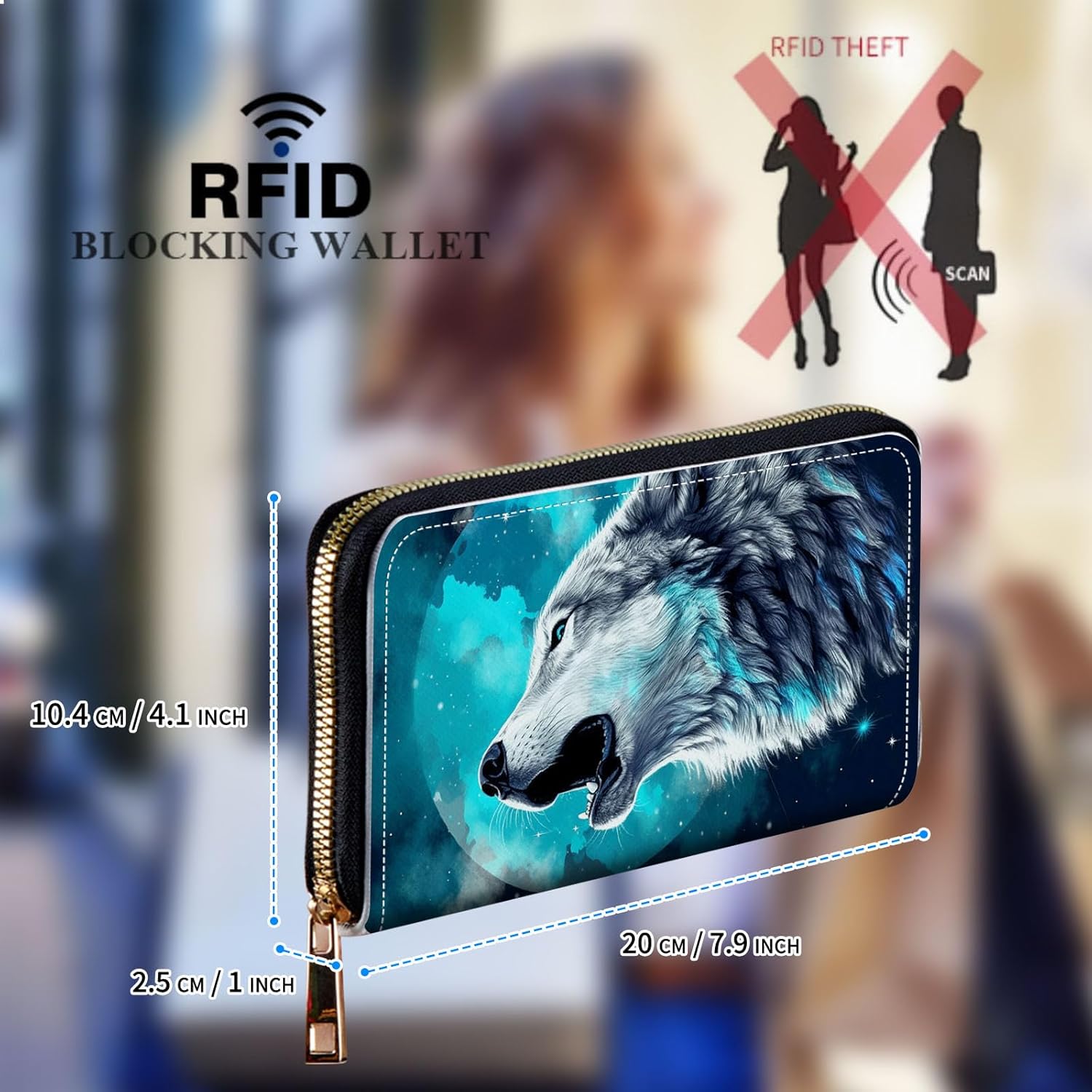 Womens Wallet, Large Capacity RFID Blocking PU Leather Wristlet Wallets for Women Ladies Men Credit Card Holder Zipper Wallet Phone Holder Clutch Travel Purse, Moon Wolf - Image 2