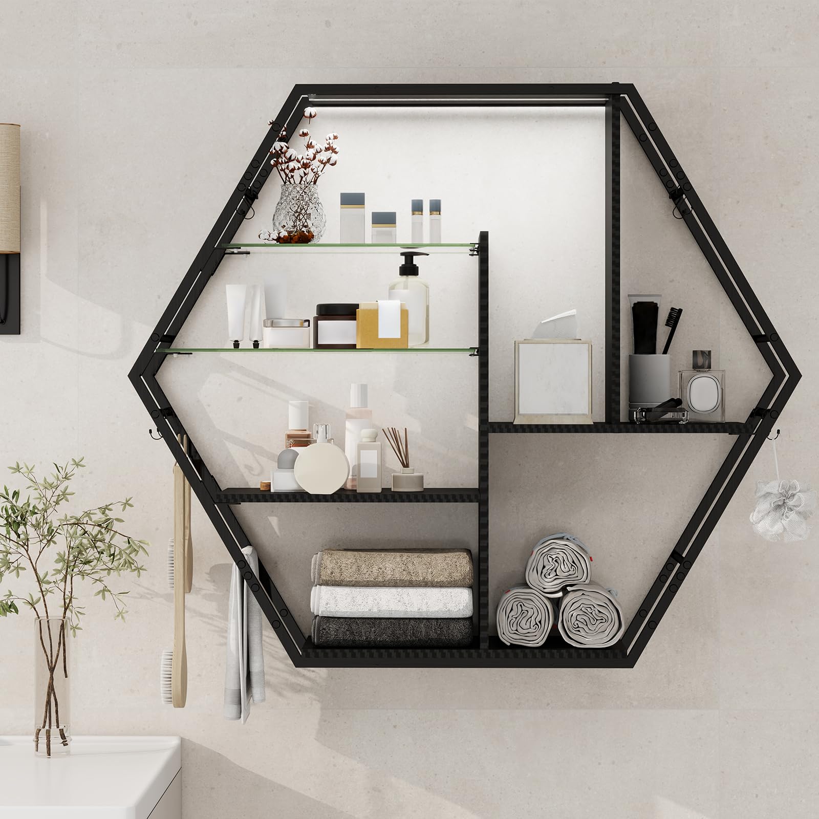 YU YUSING Schwebende Regale mit RGB 7 Farben, Wandregal Gaming Display-Regale mit 8 Haken, Wandvitrine mit 2 Glasböden, Hängevitrine für Schlafzimmer Spielzimmer-Dekoration, Hexagon Carbonfaser-Finish