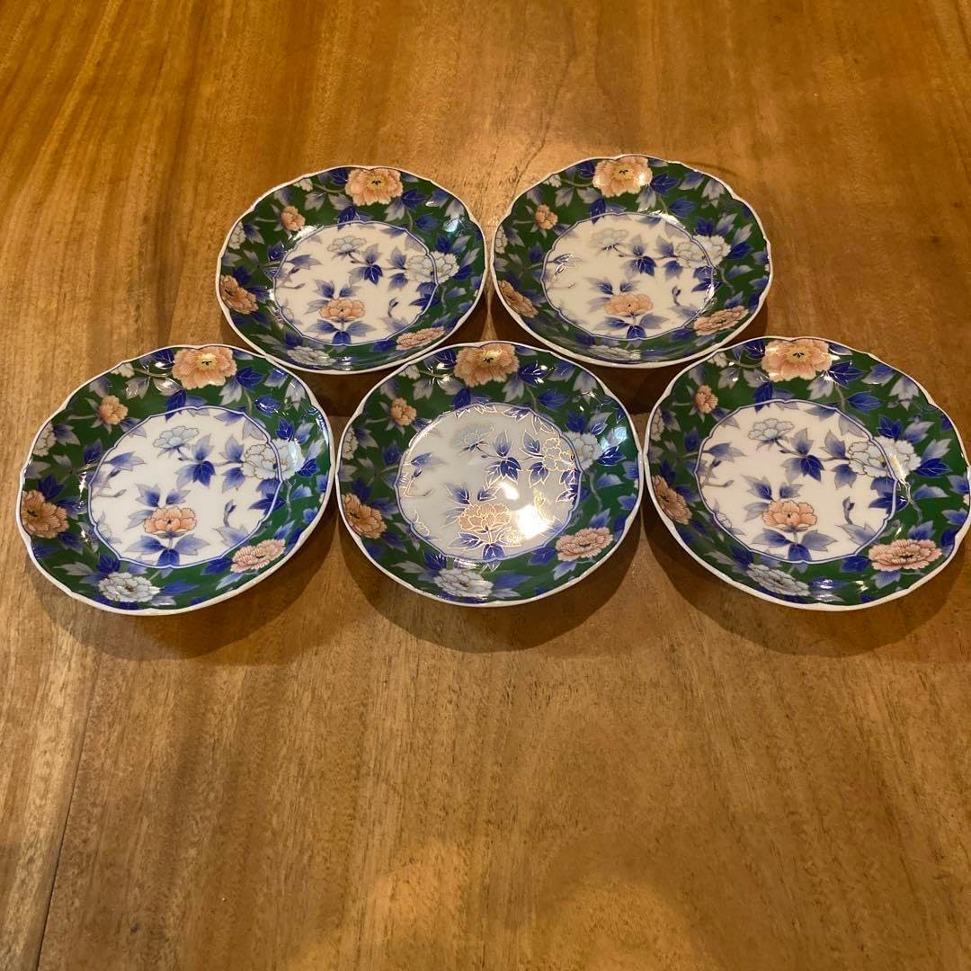 美濃焼 快山窯 青白磁古代菊銘々皿 5枚セット 快山作 高台皿 青白 菊花