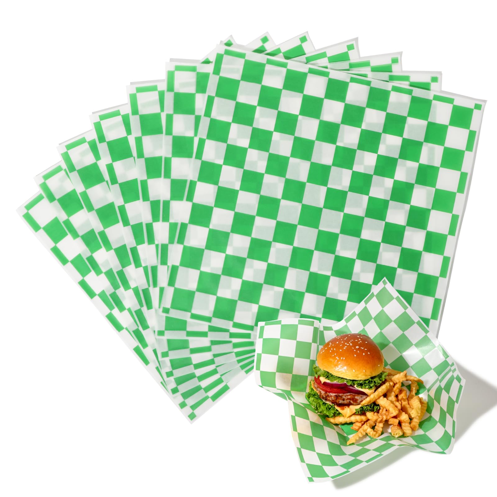 [250 Sheets] 12x12 Inch Deli Paper Sheets Sandwich Wrap - Green and White Checkered Food Basket Liners, Grease Resistant Wrapper for Barbecue Restaurants, Picnics, Parties, Kids Meal, Outdoor Fair