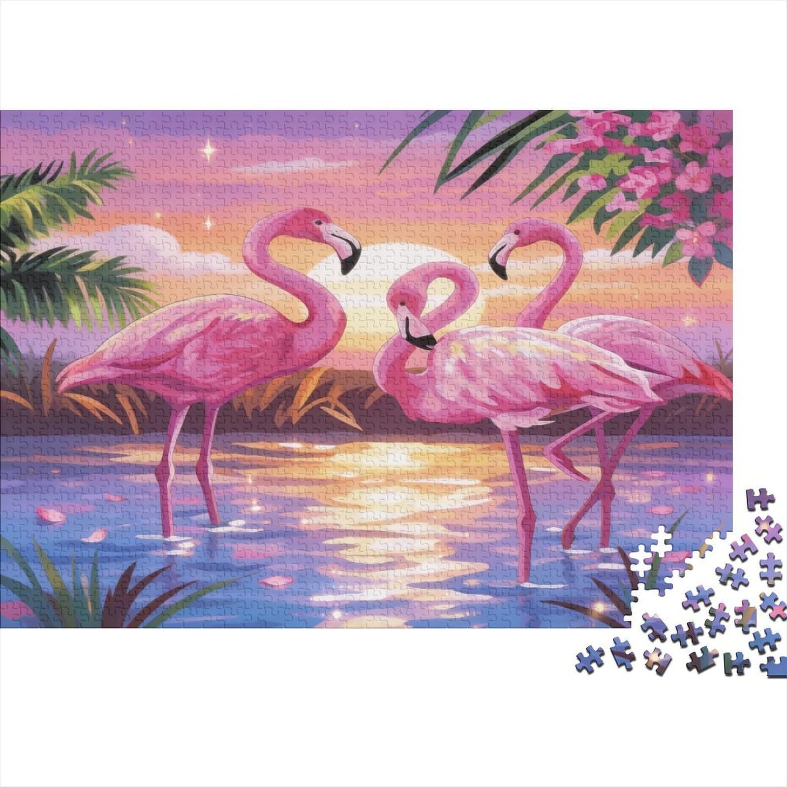 Flamingo Art 1000 Piece Jigsaws Thick Cardboard for Family & Teens Tropical Sunset Print Mindfulness Glare-Free Precision Cut 70x50cm/1000pcs