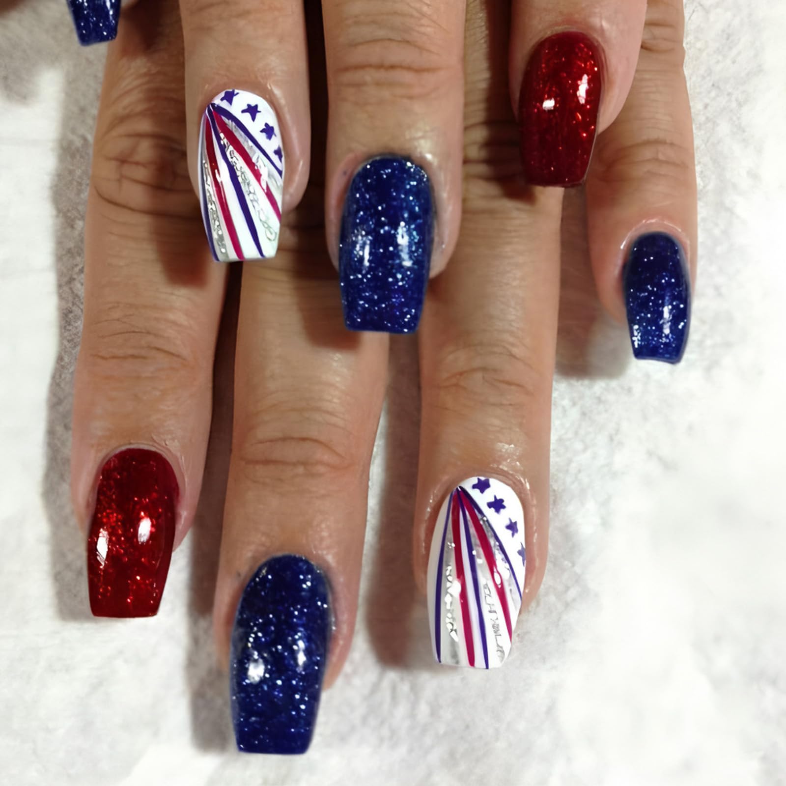 Photo 1 of 24Pcs Independence Day Press on Nails Medium Square Fake Nails Red Blue Glitter Acrylic Nails Patriotic Artificial Nails 4th of July Star Line False Nails Full Cover Stick on Nails for Women