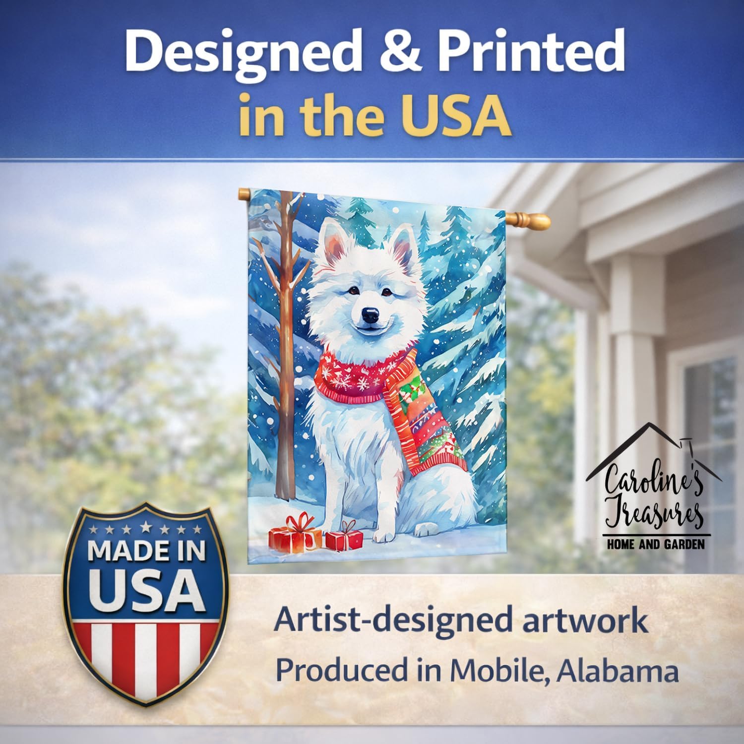 Caroline's Treasures DAC3333CHF American Eskimo Christmas House Flag Large Porch Sleeve Pole Decorative Outside Yard Banner Artwork Wall Hanging, Polyester, House Size, Multicolor